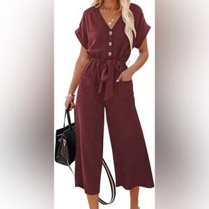 Lost Wander Jumpsuit Womens Medium Wine Burgundy Linen Blend Preppy Casual Fall